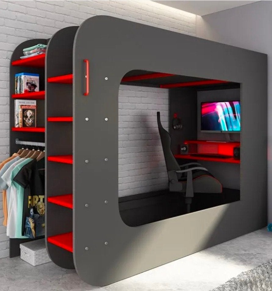 Bed met Gamebureau en logeerbed/bank ("The Cube"), Ophalen, 90 cm, Eenpersoons, Zwart