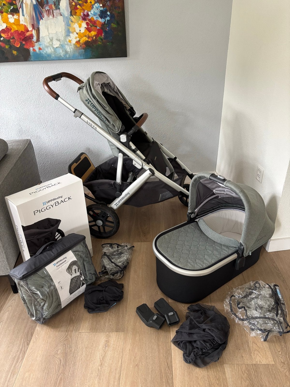 UPPAbaby Vista Emmett (groen) met accessoires o.a. Piggyback, Gebruikt, Combiwagen, Met autostoeltje, Ophalen
