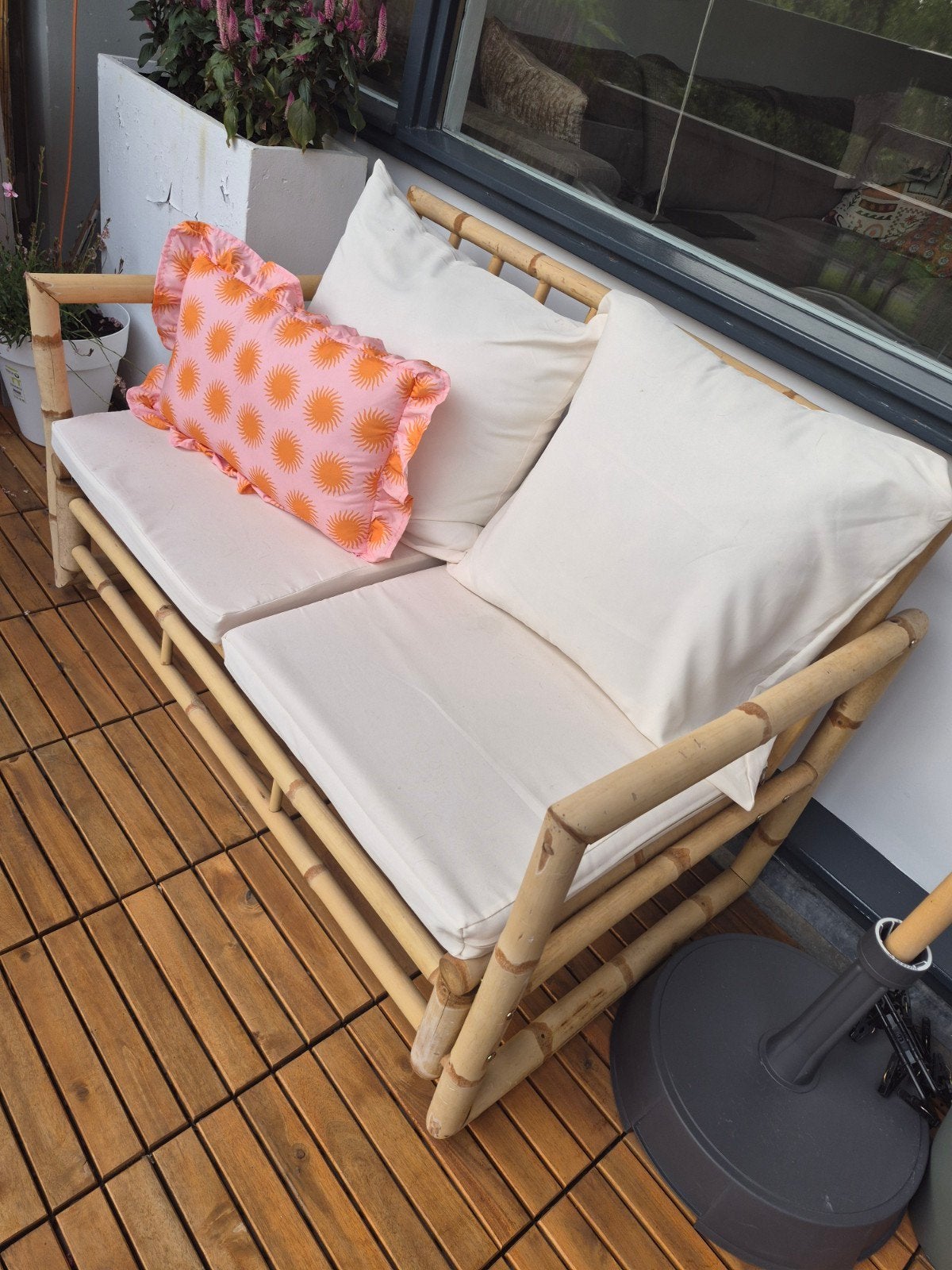 Bamboe tweepersoonsbankje - zo goed als nieuw, Huis en Inrichting, Ophalen, Minder dan 75 cm, Tweepersoons, Stof