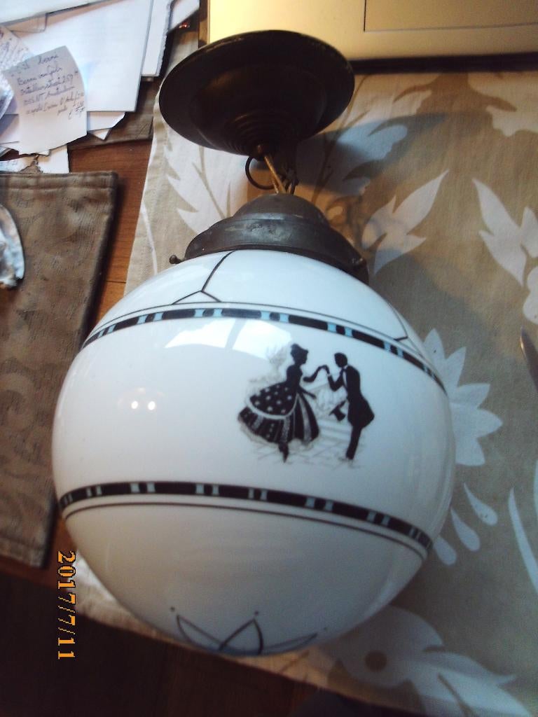 Vintage antiek oud hanglamp wit bol glas danspaar messing, Ophalen of Verzenden