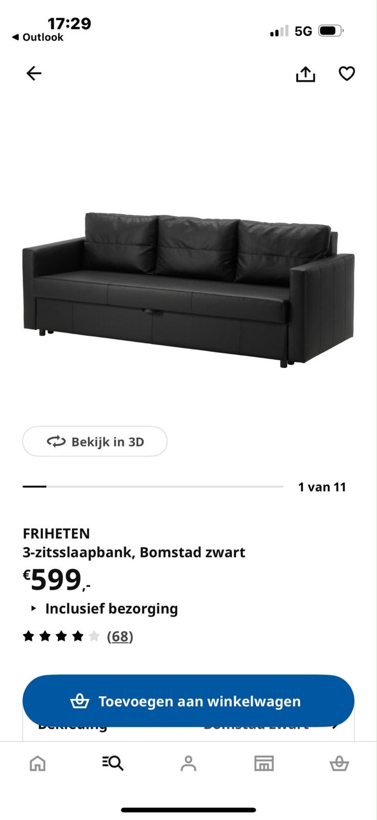 FRIHETEN 3-zitsslaapbank, Bomstad zwart, Ophalen, Zwart, Tweepersoons, Zo goed als nieuw