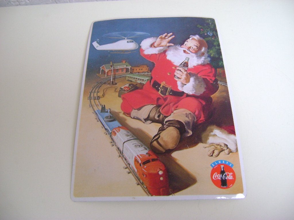 cocacola kerstman/ trein voorkant metaalachtig achter karton, Ophalen of Verzenden, Zo goed als nieuw, Reclamebord