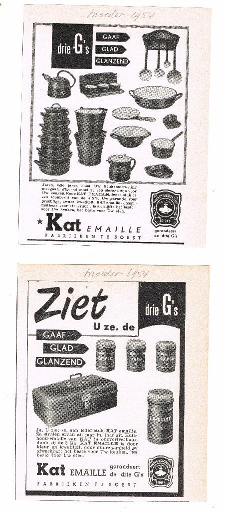 Kat Emaille - Advertenties uit Tijdschrift 1954, Ophalen of Verzenden, 1980 tot heden, Knipsel(s)