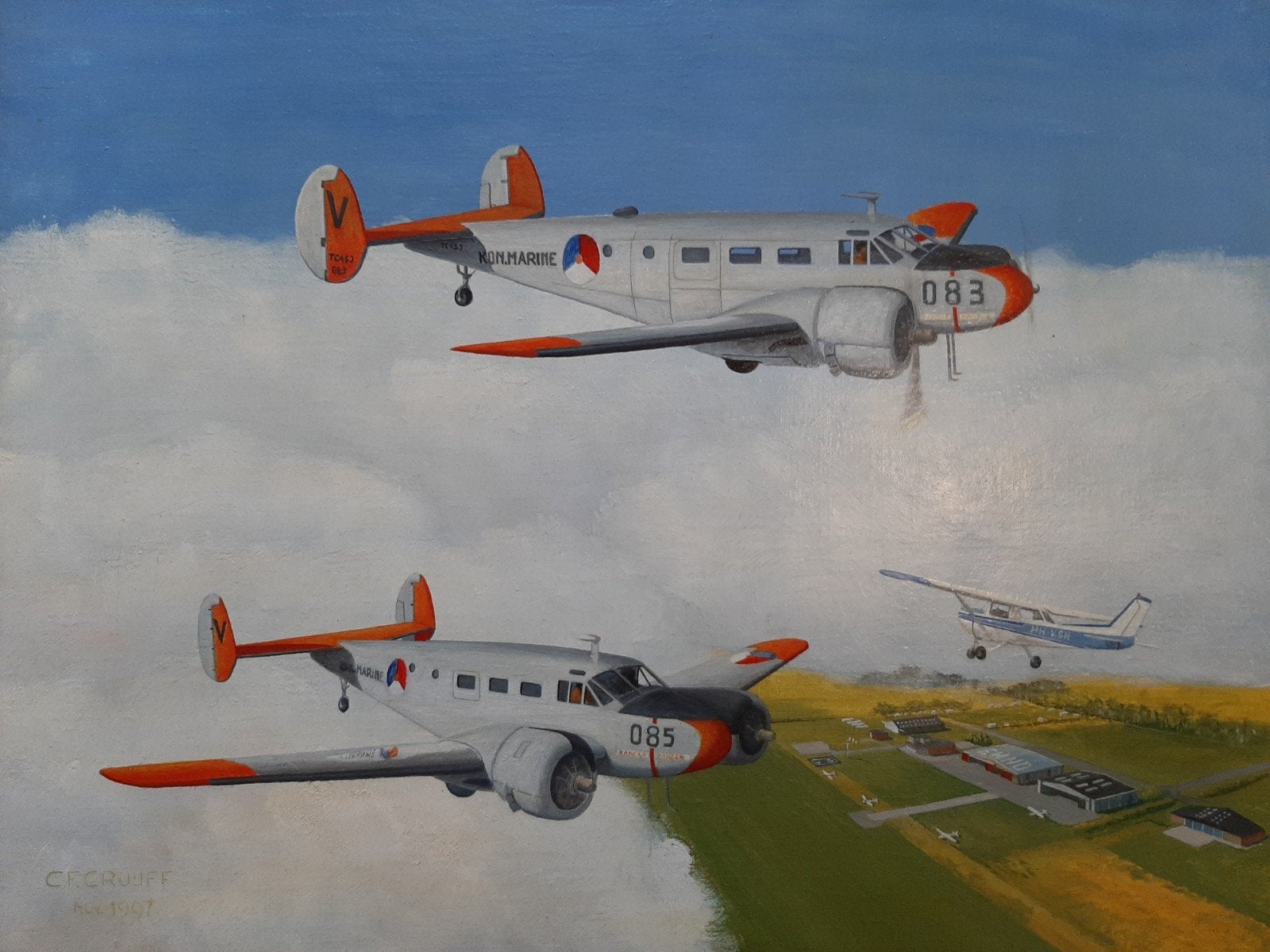 Schilderij vliegtuig beechcraft tc-45j koninklijke marine, Ophalen of Verzenden, Groter dan 1:72, Overige merken