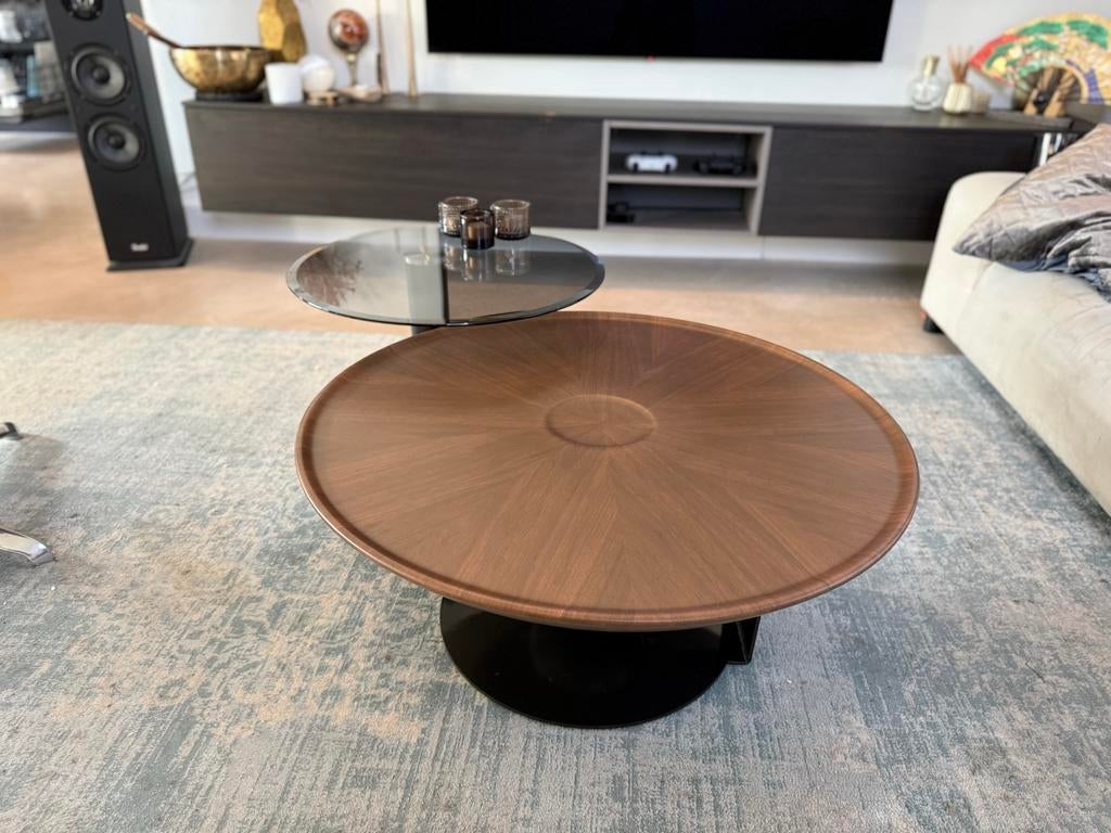 Design Salontafel Duo - Hout en Glas (NIEUW in doos), Huis en Inrichting, Tafels | Salontafels, Ophalen, Gebruikt, Rond, 50 tot 100 cm