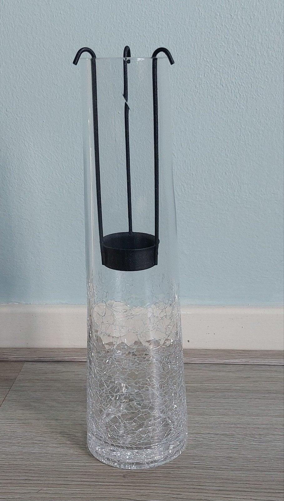 Glazen windlicht met craquelé effect en metalen houder, Huis en Inrichting, Woonaccessoires | Kandelaars en Kaarsen, Ophalen, Bruin
