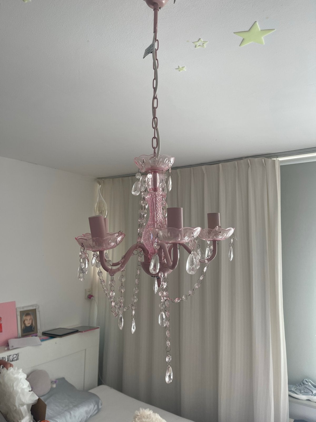 Roze kroonluchter voor kinderkamer, Ophalen of Verzenden, Gebruikt, Metaal, E14 (klein)