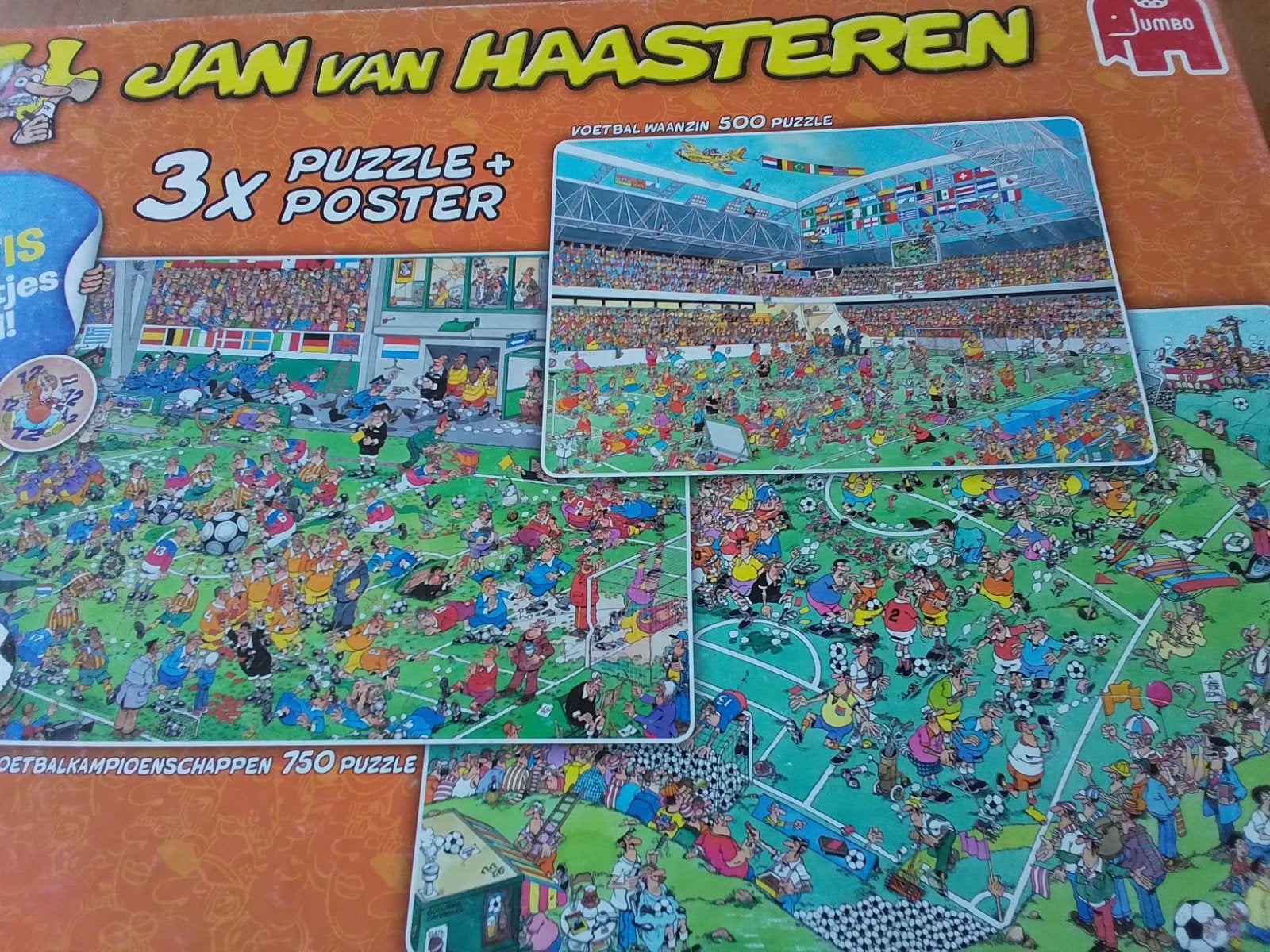 Jan van Haasteren. 3 puzzels voetbal in 1 doos., Ophalen, 500 t/m 1500 stukjes, Zo goed als nieuw