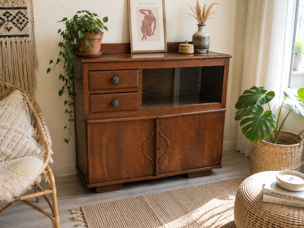 Vintage jaren 30 Art Deco buffetkast / vitrinekast, Gebruikt, Met deur(en), Minder dan 100 cm, 25 tot 50 cm
