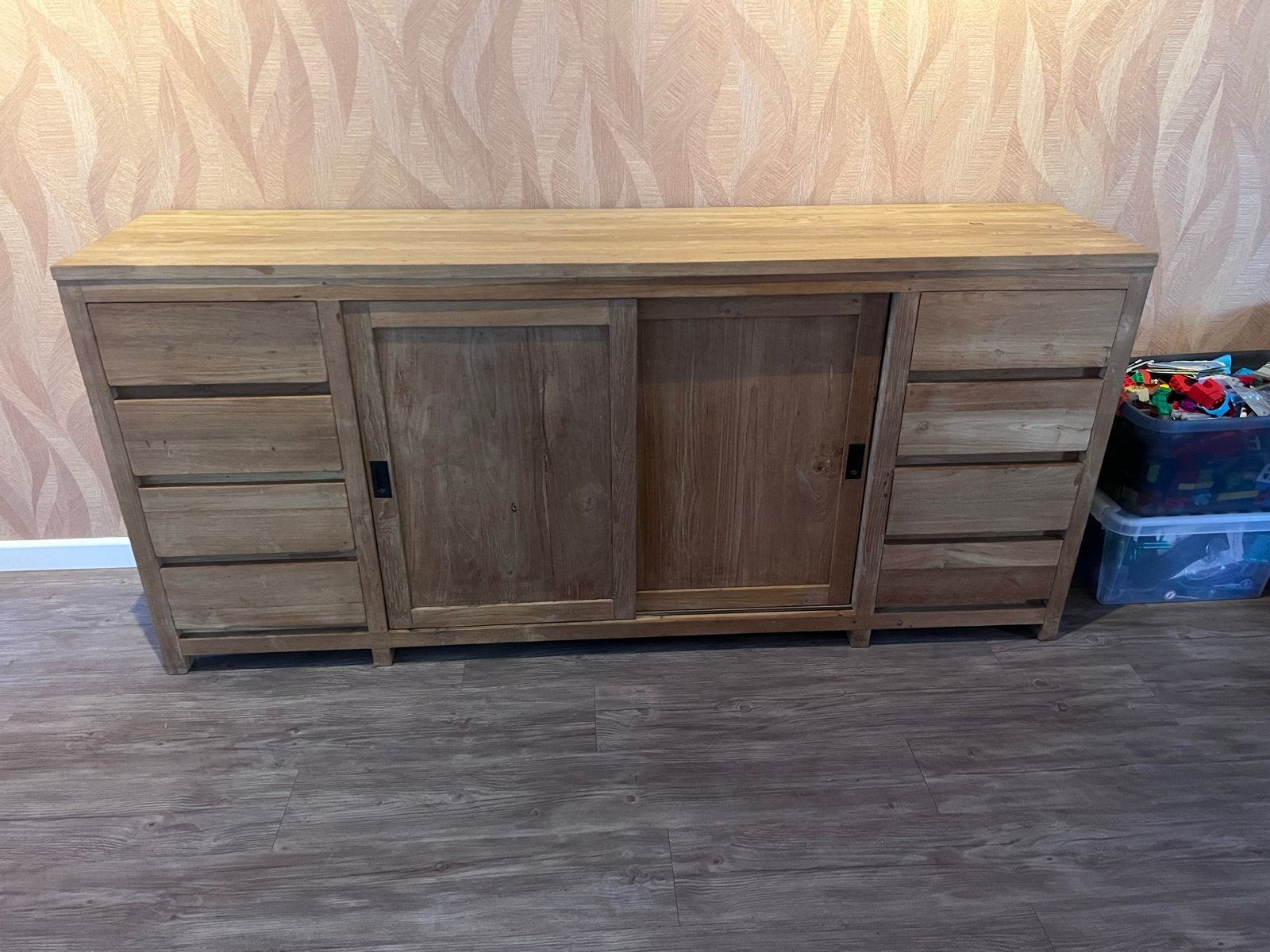 Teak houten dressoir met schuifdeuren en lades, Ophalen, Gebruikt, 200 cm of meer, Met lade(s)