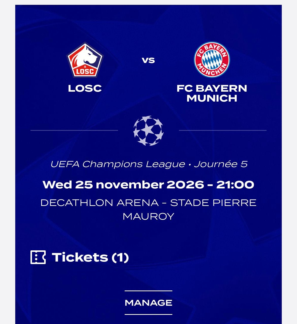 Lille vs Bayern münchen Champions league 4 tickets, Drie personen of meer