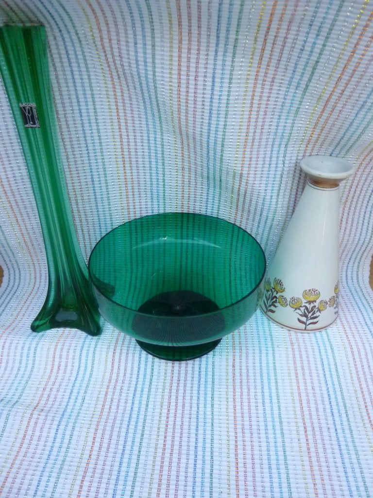 solifleur vaasje met schaaltje op voet petrol kleurig glas, Huis en Inrichting, Verzenden, Overige kleuren, Op voet, Glas