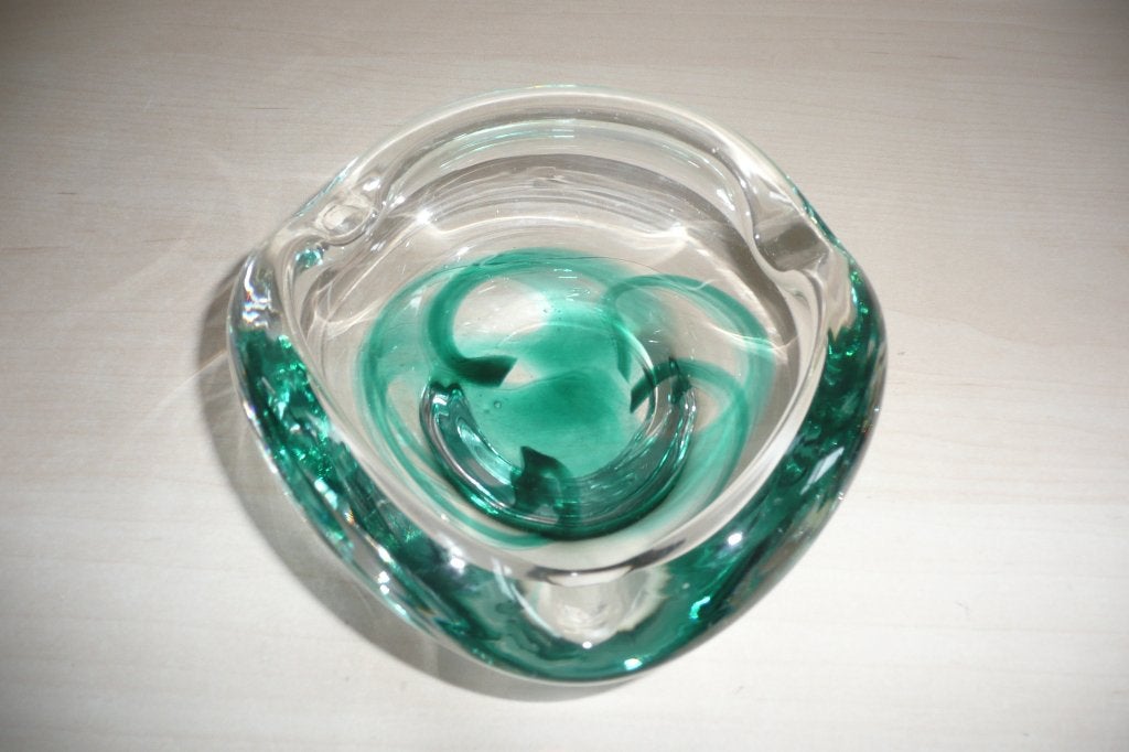 Oude glazen Asbak/Schaal met Groene Swirl.Max Verboeket, Ophalen of Verzenden