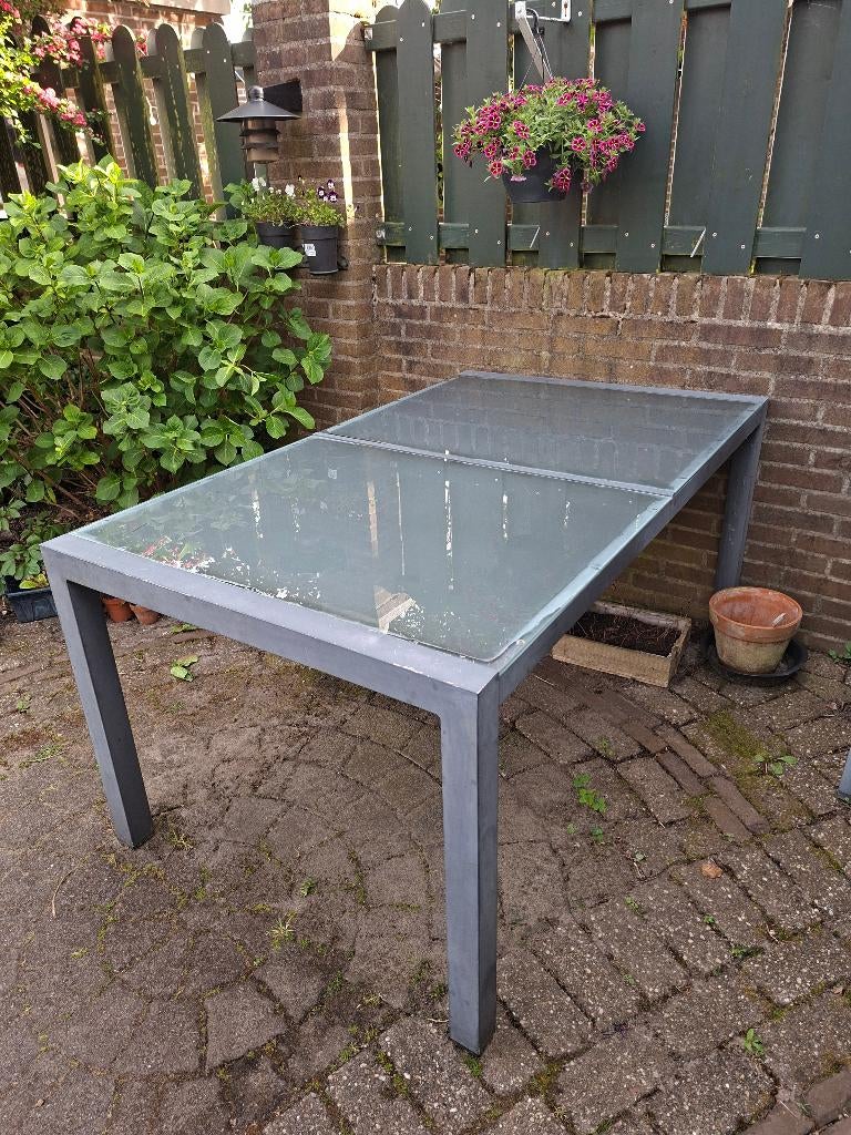 te koop Metalen tuintafel met glazen bladen, Tuin en Terras, Ophalen, Gebruikt, Rechthoekig, Metaal