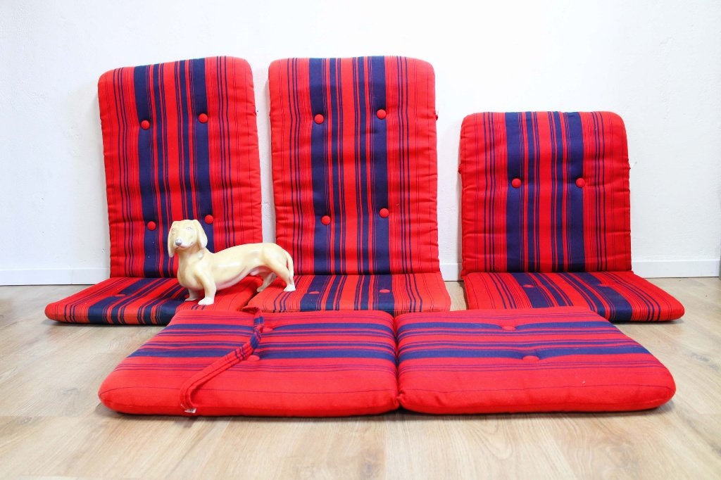 4 vintage tuinkussens. Set rood/blauwe retro kussens., Tuin en Terras, Tuinmeubel-accessoires, Ophalen, O, O, O