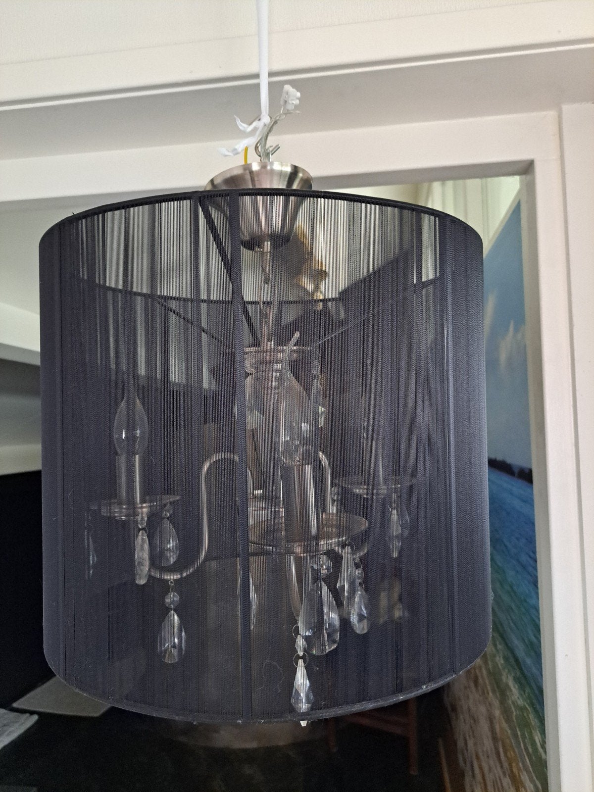 Elegante Zwarte Hanglamp met Kristallen, Huis en Inrichting, Lampen | Hanglampen, Gebruikt, Ophalen of Verzenden, Textiel, Modern klassiek
