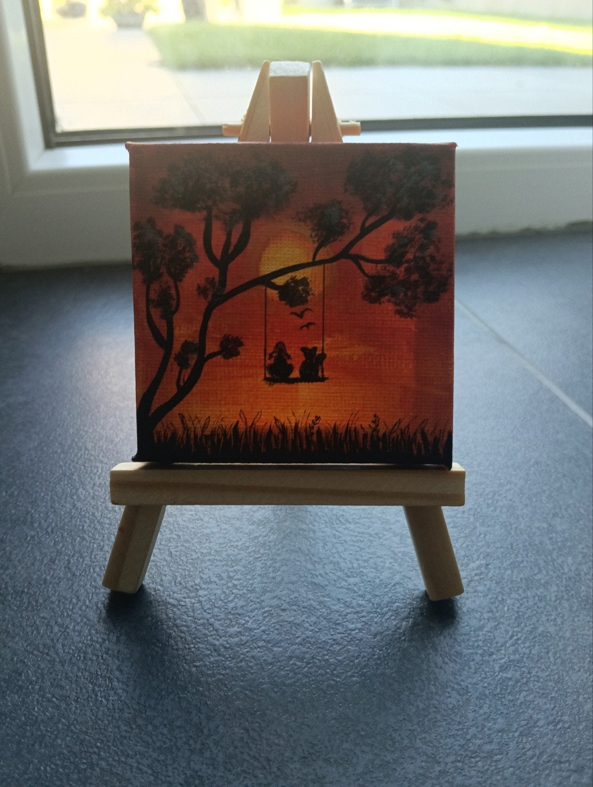 Mini acryl Canvas schilderij ondergaande zon 7x7 cm, Antiek en Kunst, Ophalen of Verzenden