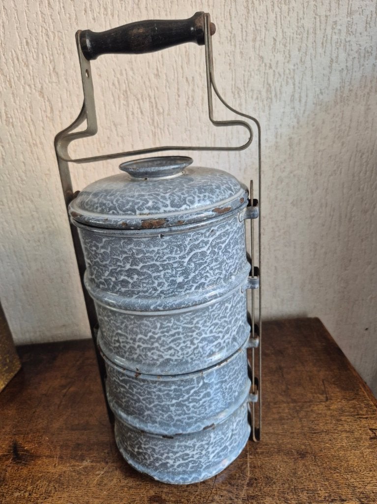 Emaille gris gewolkt etensdrager, Ophalen of Verzenden