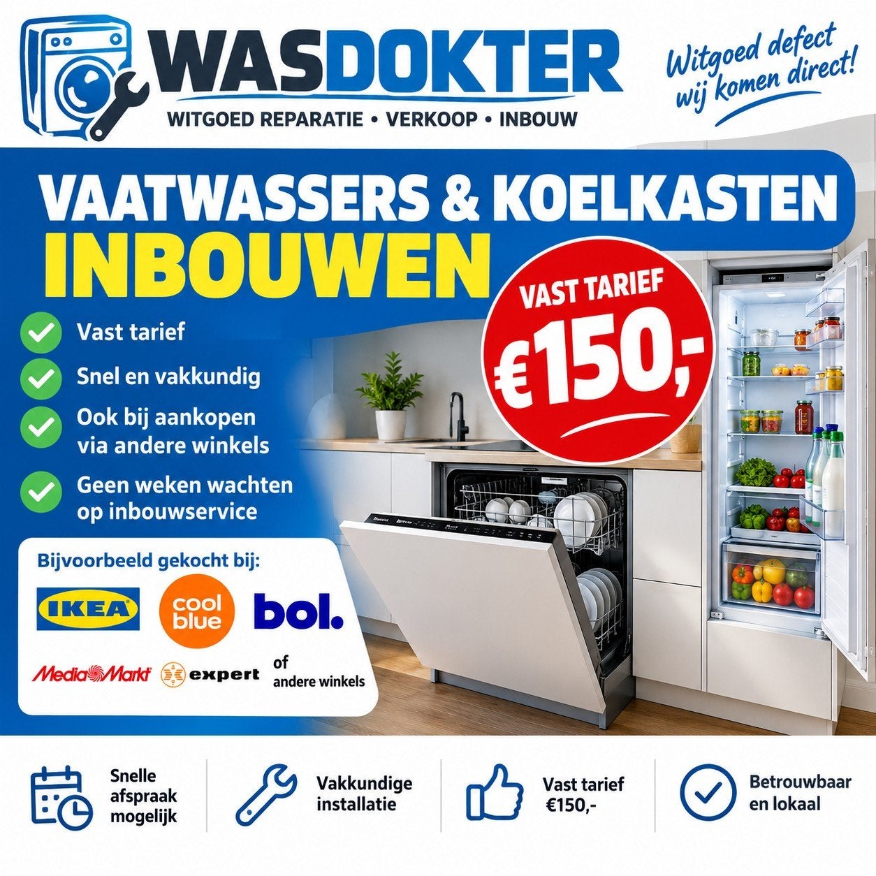 Vaatwasser koelkast inbouwen, Komt aan huis
