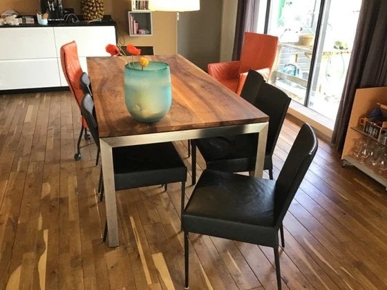 Prachtige notenhouten tafel met roestvrijstalen frame, Ophalen, Overige materialen, 100 tot 150 cm, 200 cm of meer