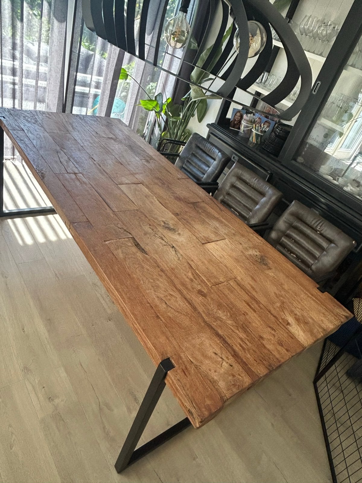 Teak Houten Eettafel met Metalen Onderstel, Ophalen, Gebruikt, Teakhout, 200 cm of meer