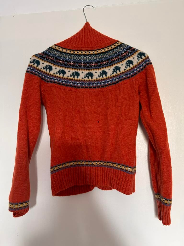 Oranje cashmere vest met olifantenprint en knopen, Kleding | Dames, Ophalen of Verzenden, Gedragen, Maat 36 (S), Oranje