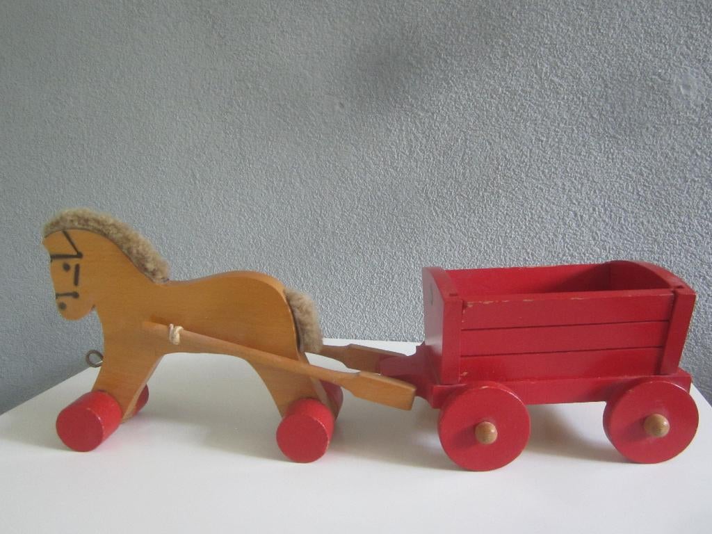 SISO vintage houten speelgoed paard met wagen/karretje, Ophalen of Verzenden, Gebruikt, Duw- of Trekspeelgoed