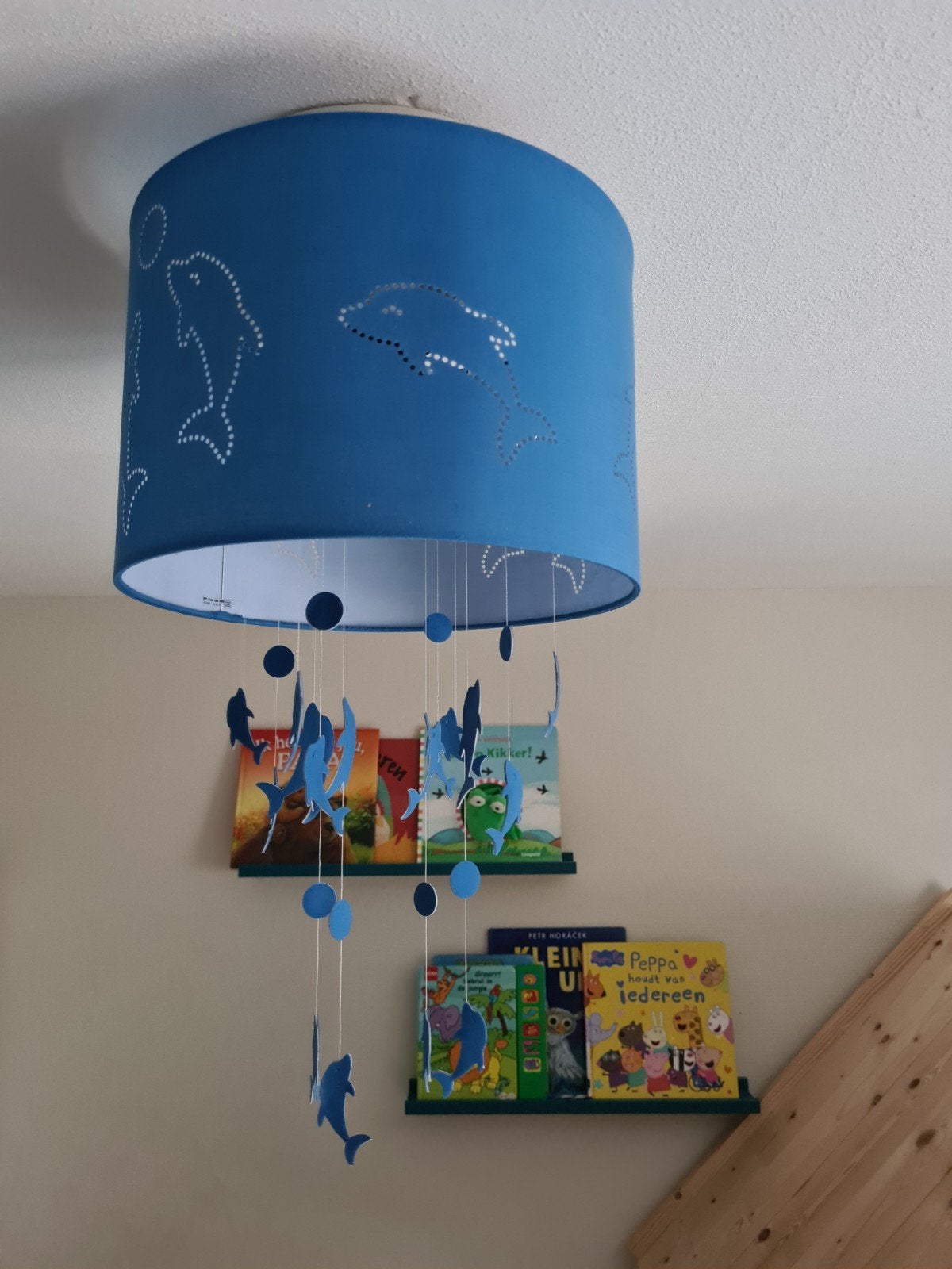 Dolfijnen lampenkap - Blauw, met hangende dolfijnen, Gebruikt, Blauw, Rond, Ophalen of Verzenden