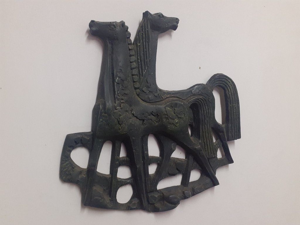 jaren 70 design wand decoratie paarden 47 x 47 cm retro, Wandsculptuur, Gebruikt, Zwart, ?