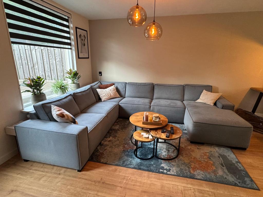 Grote blauw/grijze hoekbank met chaise longue, Ophalen, Hoekbank, 300 cm of meer, Zo goed als nieuw