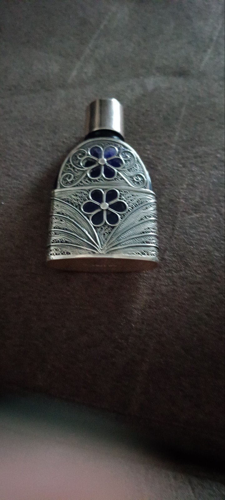 Antieke Zilveren Filigraan Parfumflesje met Blauw Glas, Antiek en Kunst, Ophalen of Verzenden