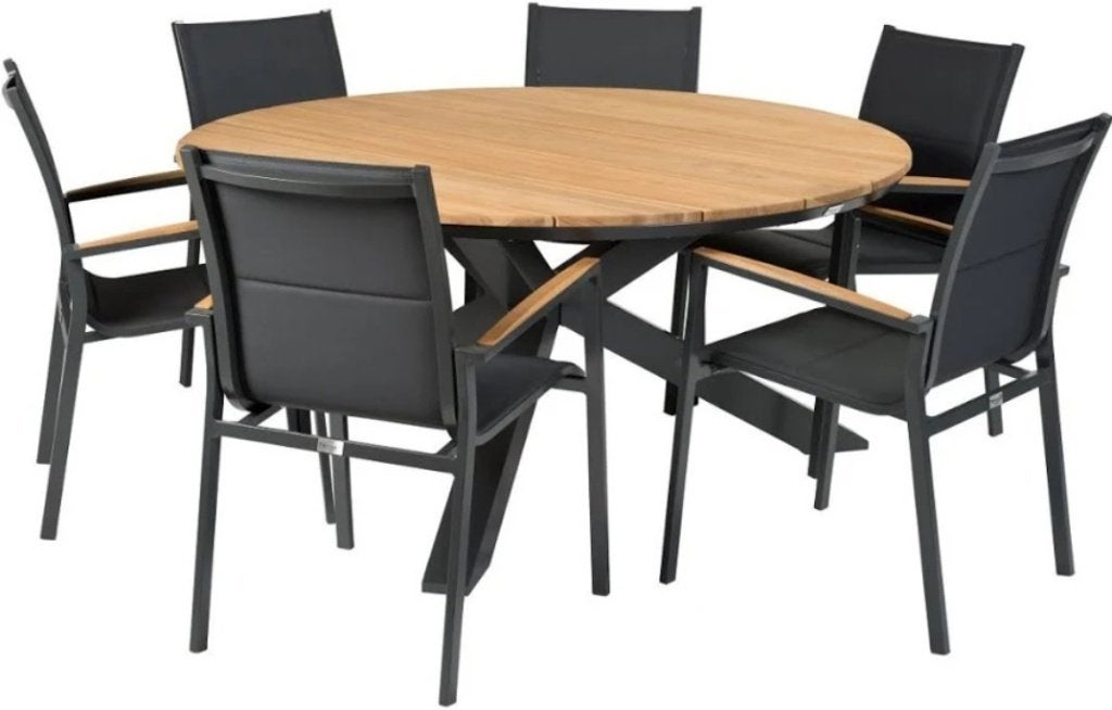 Tierra Outdoor Omnigo Ø150 teak tuinset  + 6-persoons, Ophalen, Gebruikt, 6 zitplaatsen, Teakhout