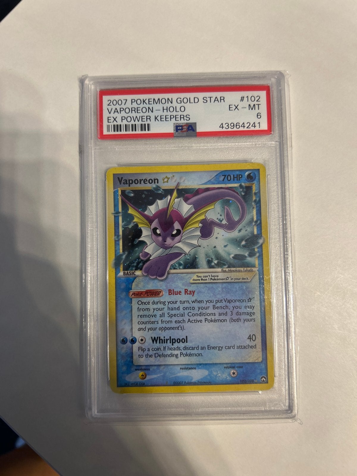 Pokemon Vaporeon Gold Star PSA 6 - EX Power Keepers Holo, Ophalen, Gebruikt, Losse kaart, Foil