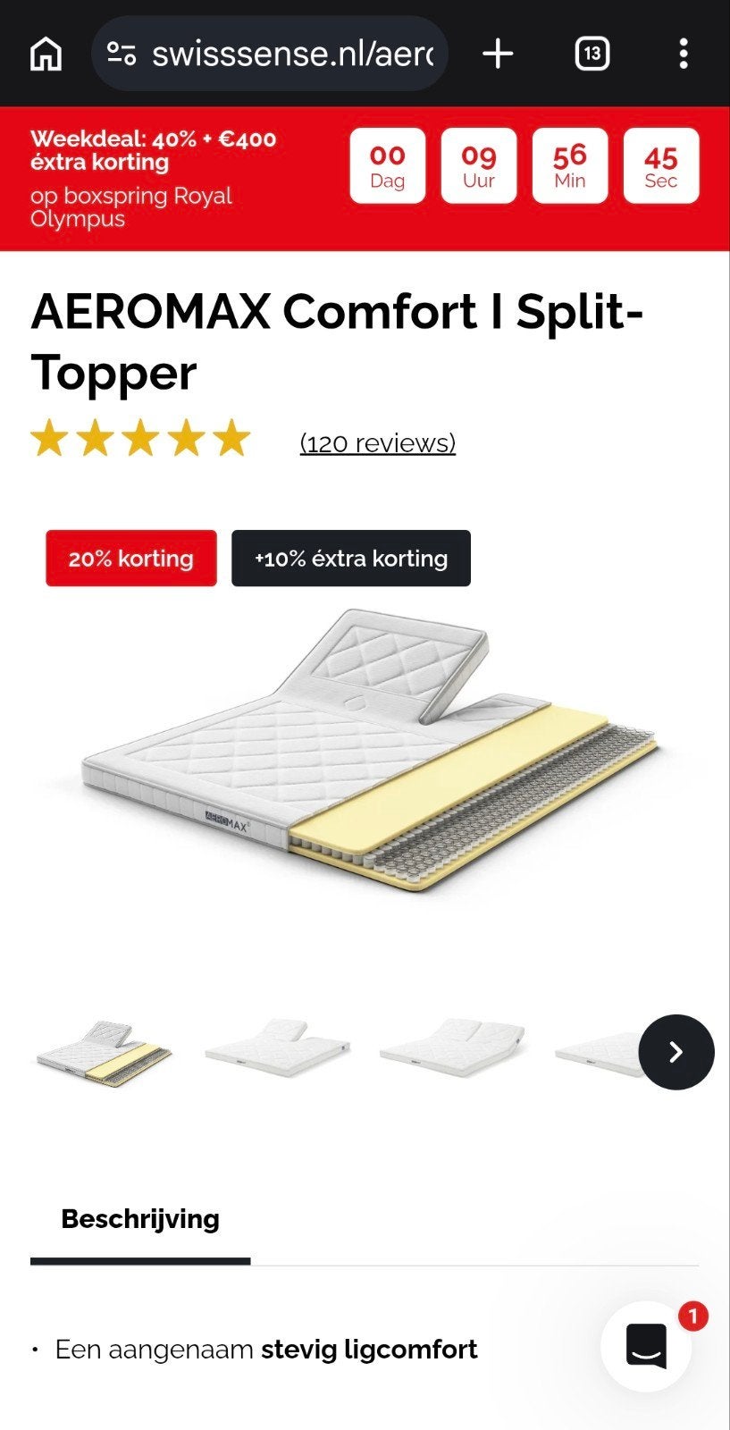 ZGAN swiss sense split topper aeromax comfort I 180 x 200, Huis en Inrichting, Ophalen, Tweepersoons, Zo goed als nieuw, Matras