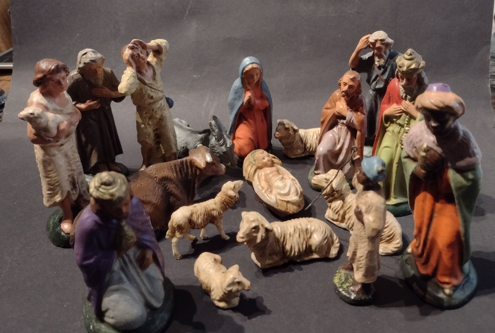 antieke Marolin kerstgroep papiermache 19 delig kerststal, Diversen, Ophalen, Gebruikt