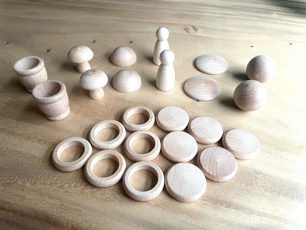 Grapat 24x grote naturel loose parts incl 2 nins, Kinderen en Baby's, Speelgoed | Houten speelgoed, NL, Nieuw, Ophalen of Verzenden