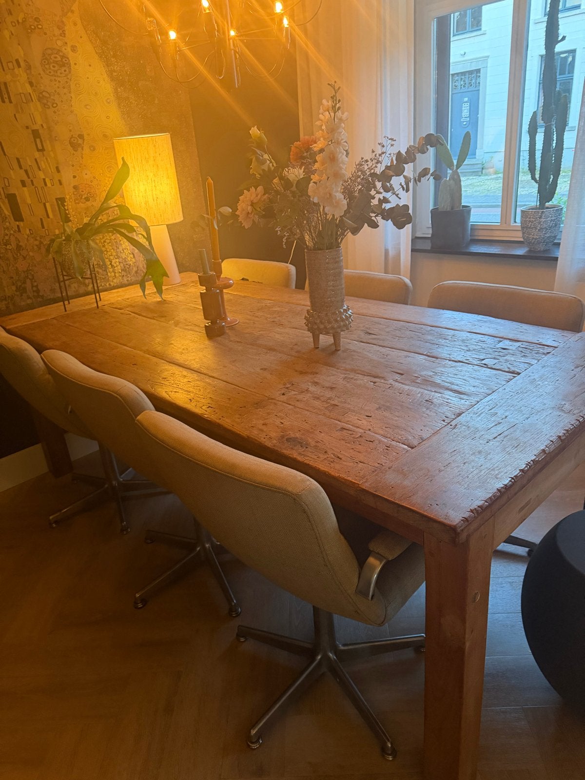 Robuuste Teak Eettafel 2.20 x 1.05m - Spoorbielzen, Huis en Inrichting, Tafels | Eettafels, Gebruikt, 100 tot 150 cm, Teakhout