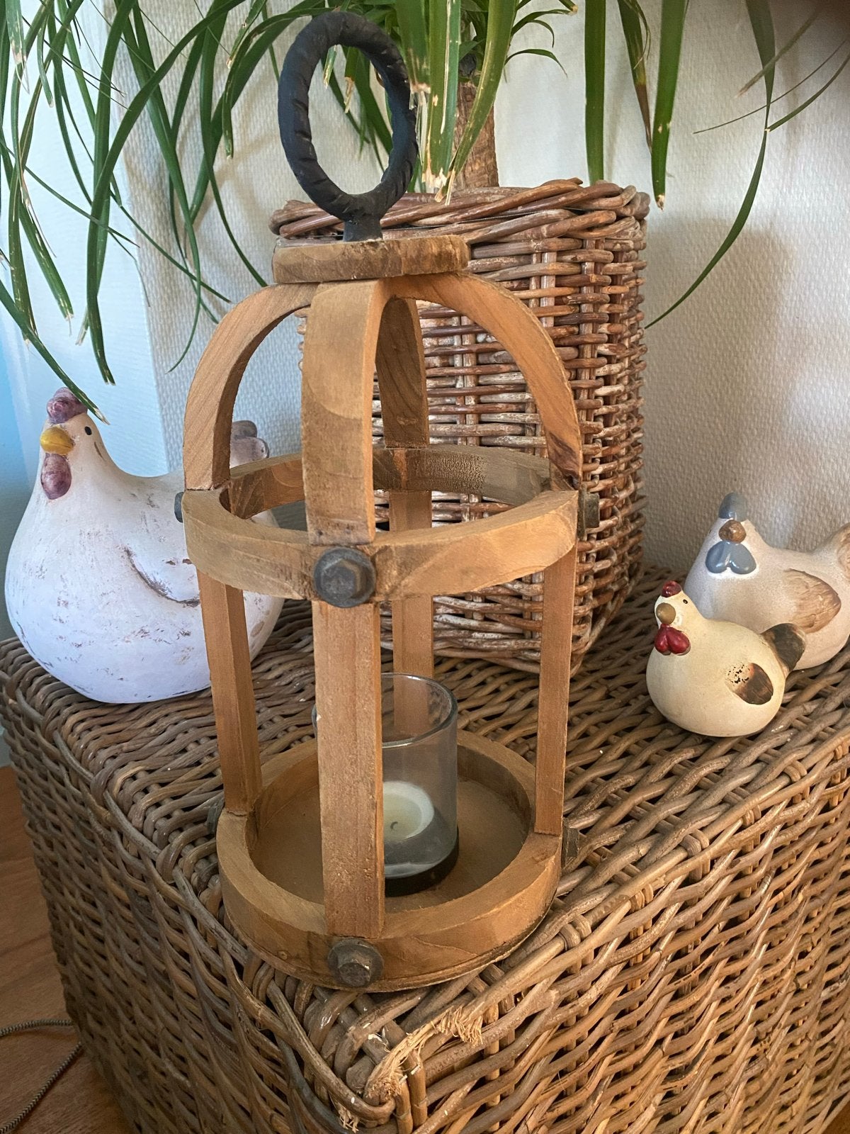 Houten Lantaarn met Glazen Waxinelichthouder, Ophalen, Overige merken, Zo goed als nieuw, Hout