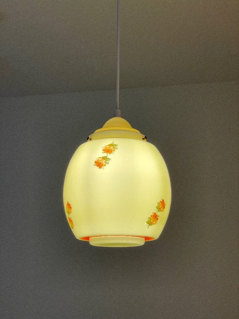 vintage Deense glazen HANGLAMP brocante Mid Century antiek, Gebruikt, -, -, Glas