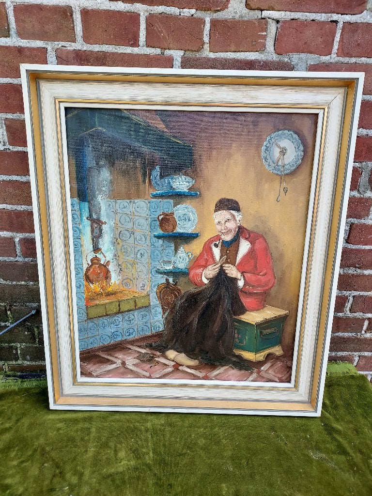 Schilderij Larens interieur, man bij openhaard., Ophalen, Doek, Portret of Personen, Oud hollands