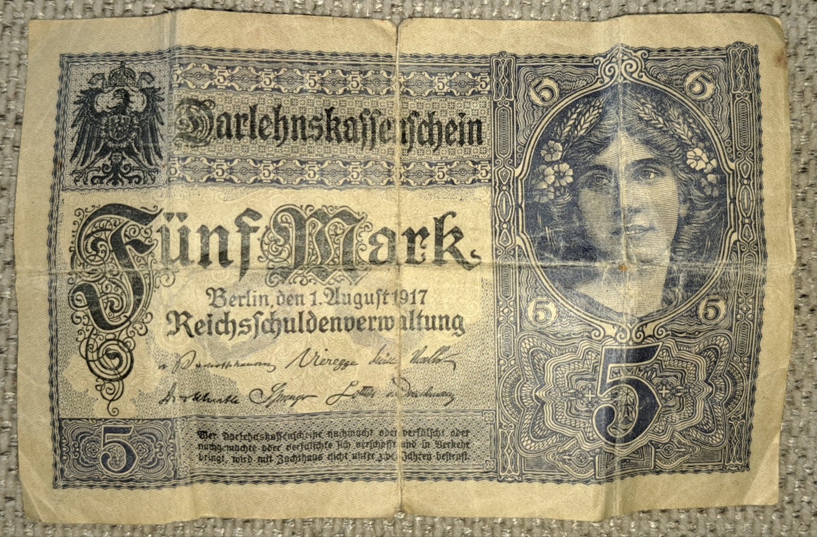 Historisch Duits 5 Mark biljet - Darlehnskassenschein, Postzegels en Munten, Ophalen of Verzenden, Duitsland, Los biljet