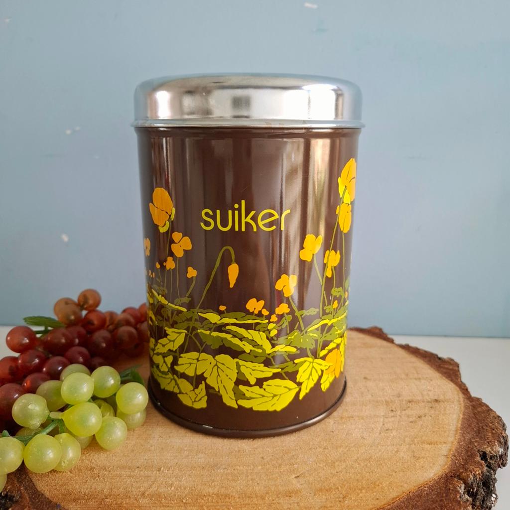 Brabantia, bruin suikerblik met bloemmotief, Ophalen of Verzenden, Gebruikt, Suiker