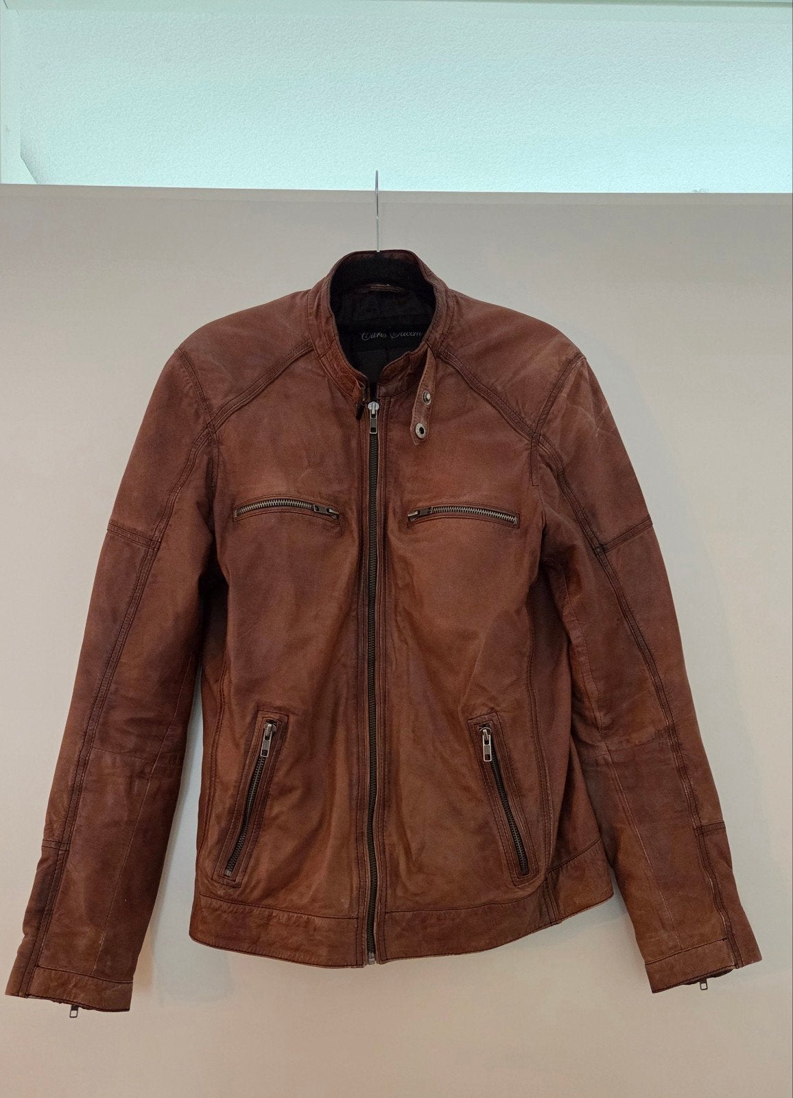 Carlo Sacchi Leren Jas / Bikerjack - Cognac Bruin - Maat 48, Carlo Sacchi, Bruin, Maat 48/50 (M), Ophalen of Verzenden