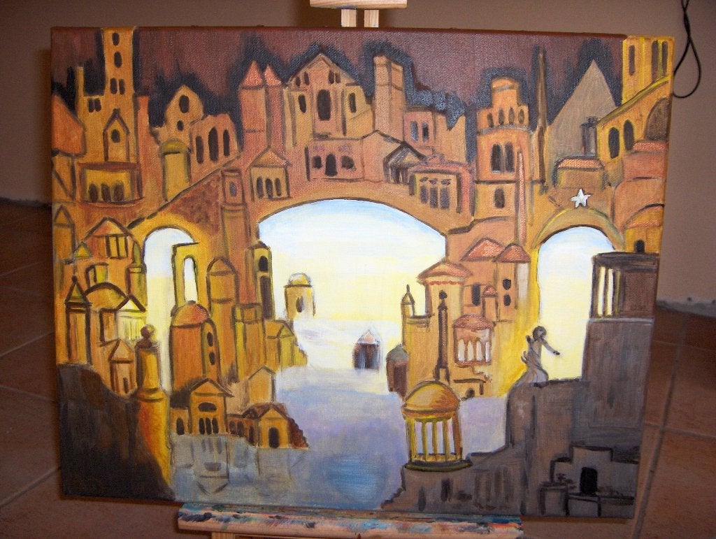 Stad, Antiek en Kunst, Acrylverf, Handgeschilderd, Ophalen of Verzenden, Stadsgezicht