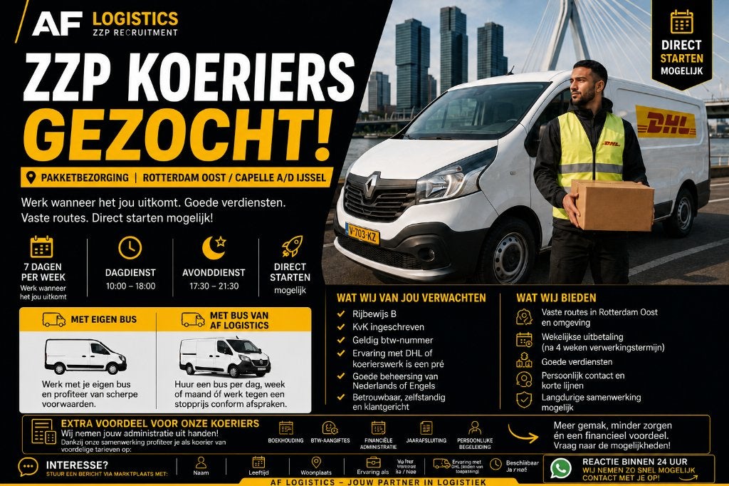 ZZP Koeriers Gezocht – Pakketbezorging DHL Rotterdam/Capelle, Vacatures, Vacatures | Chauffeurs, Overige niveaus, Freelance of Uitzendbasis