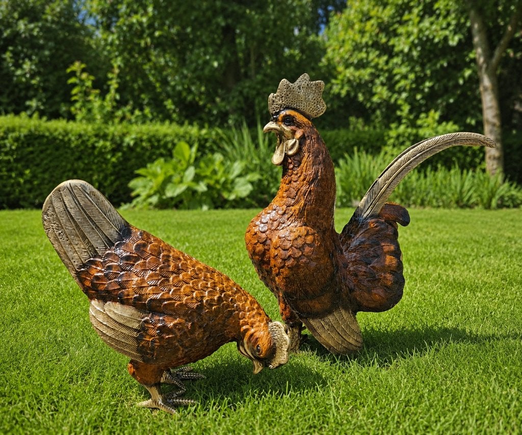 Haan en Hen / brons / tuinbeelden / kippen, Dierenbeeld, Nieuw, Info@huisentuindecoratiemarie.nl, Huis en tuin decoratie marie