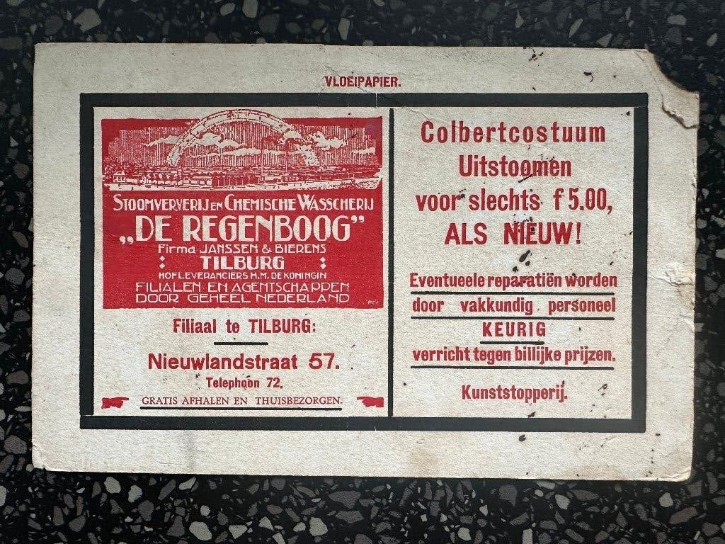 Vloeiblad De Regenboog Wasscherij Tilburg. Tel: 72. Stokoud., Ophalen of Verzenden, Gebruikt, Gebruiksvoorwerp