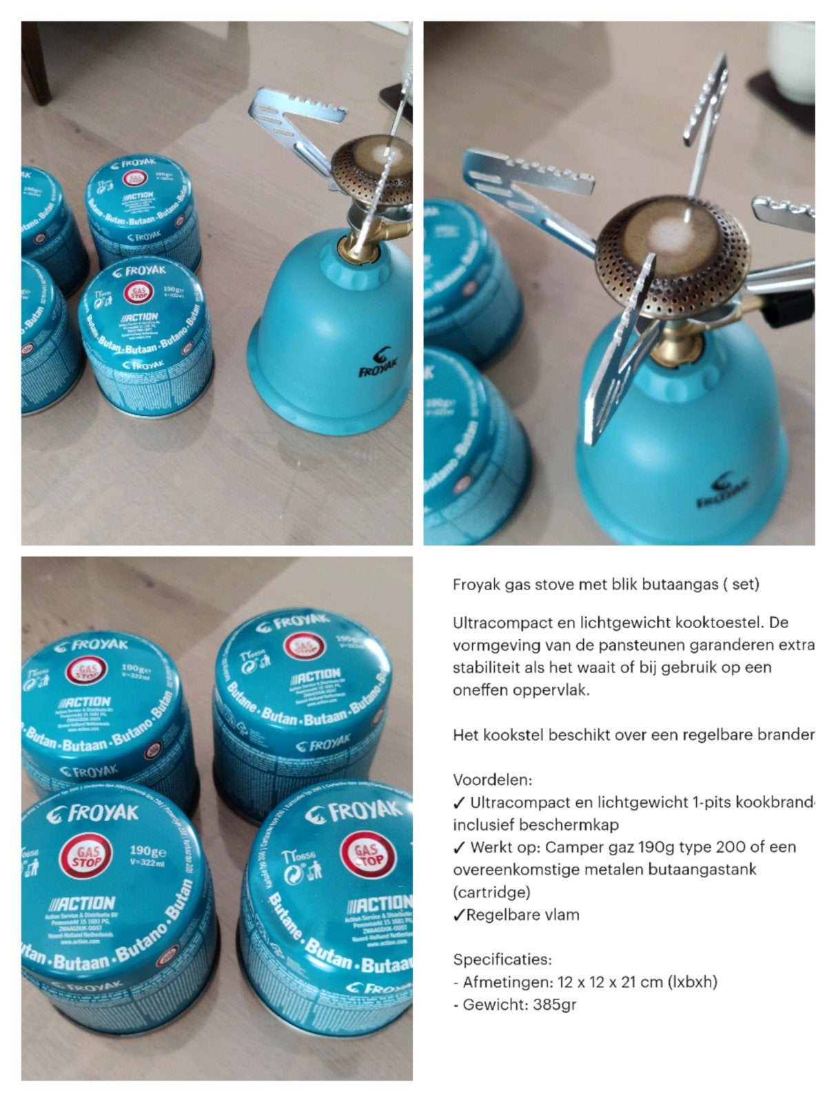Froyak gasfornuis met 4 blikken butaangas (set), Ophalen of Verzenden