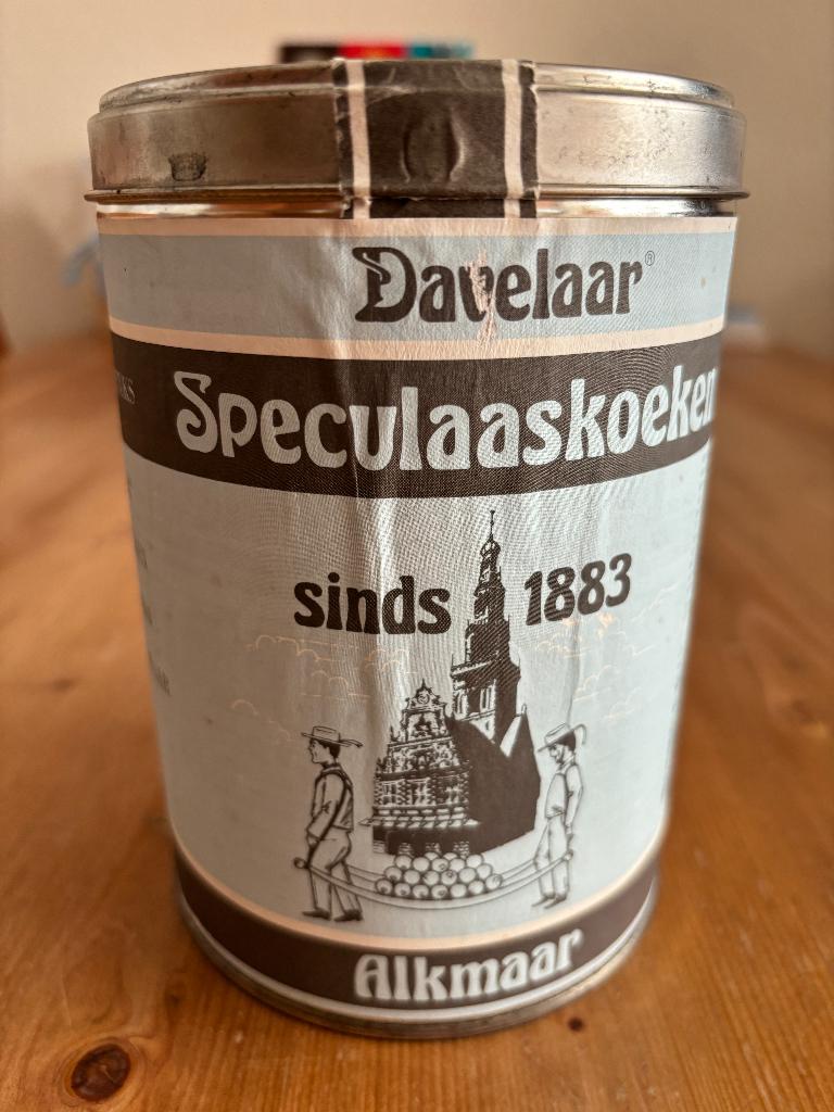 Davelaar speculaaskoeken oud blik papier bus, Verzamelen, Blikken, Ophalen, Gebruikt, Koek(jes), Overige merken