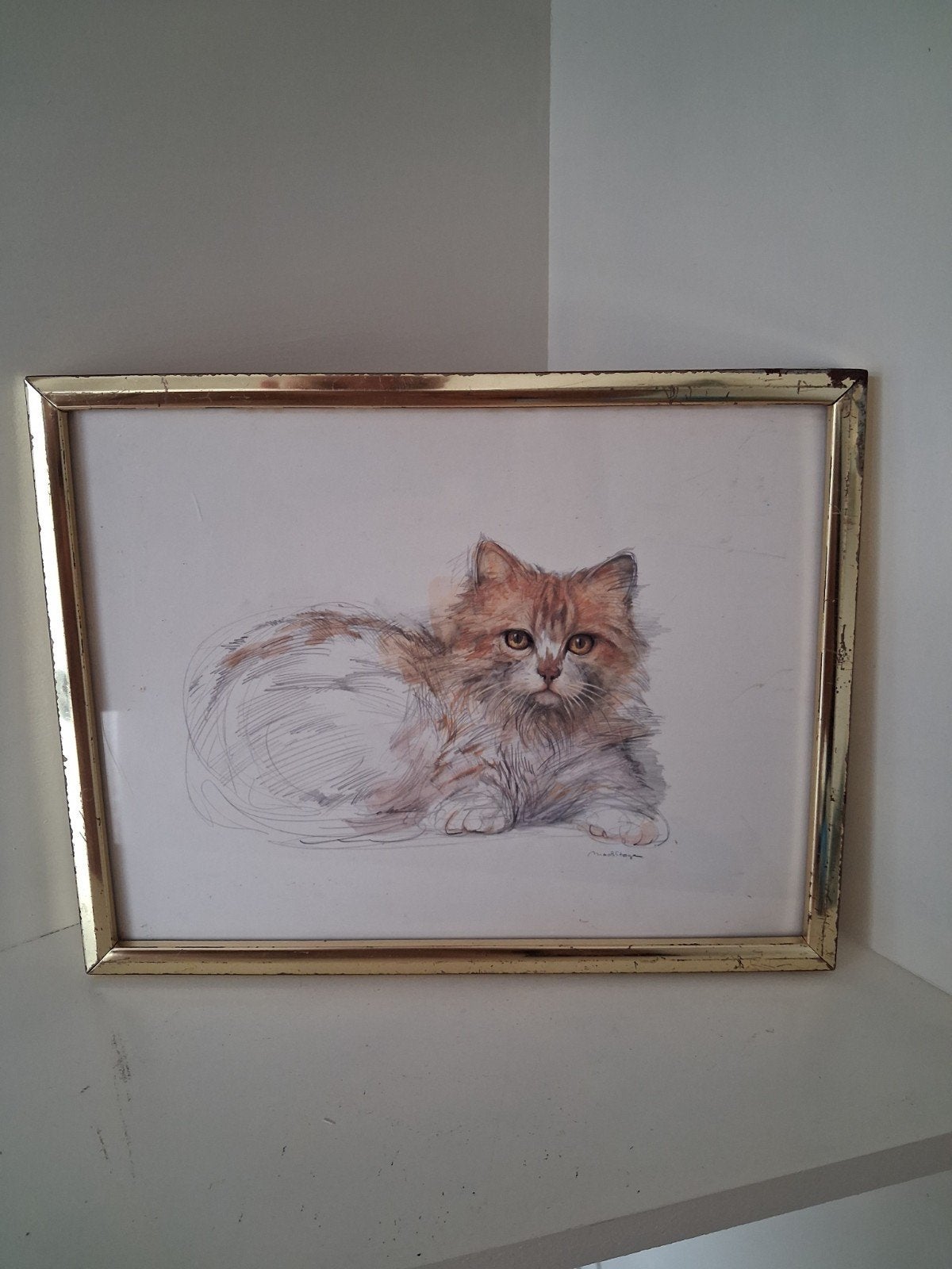 Vintage Mads Stage Kunstprint – Charmante Langharige Kat, Antiek en Kunst, Kunst | Tekeningen en Foto's, Ophalen of Verzenden